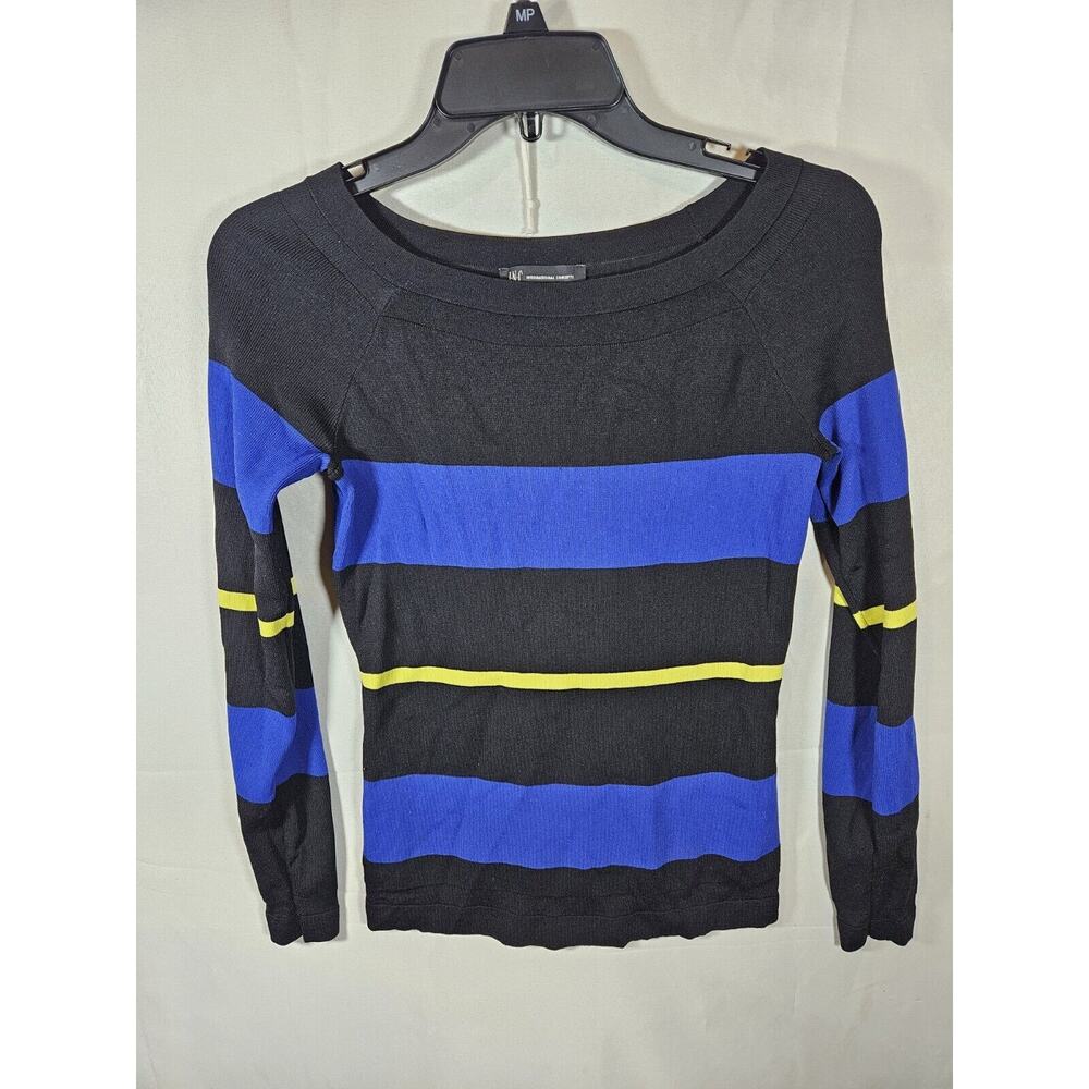 INC Women's Black/yellow/blue Striped Long Sleeve Sweater Size Medium